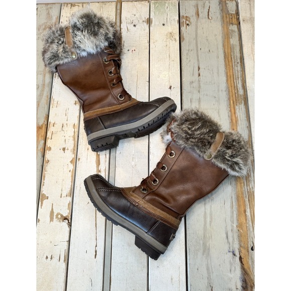 London Fog MELTON  Brown Leather Lace Up Mid Calf Snow Boots Women's Size 6 - Picture 1 of 16